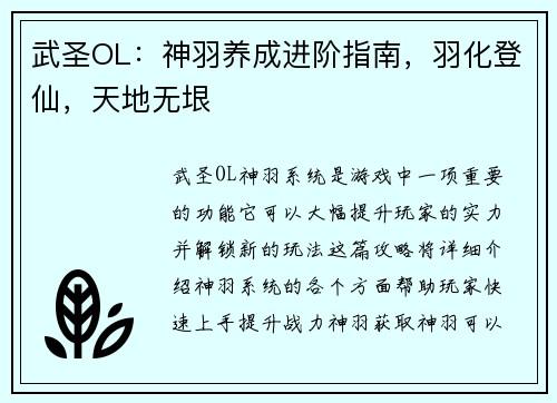武圣OL：神羽养成进阶指南，羽化登仙，天地无垠